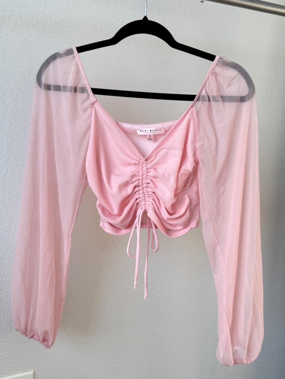 Pink Ruched Mesh Long Sleeve Crop Top
